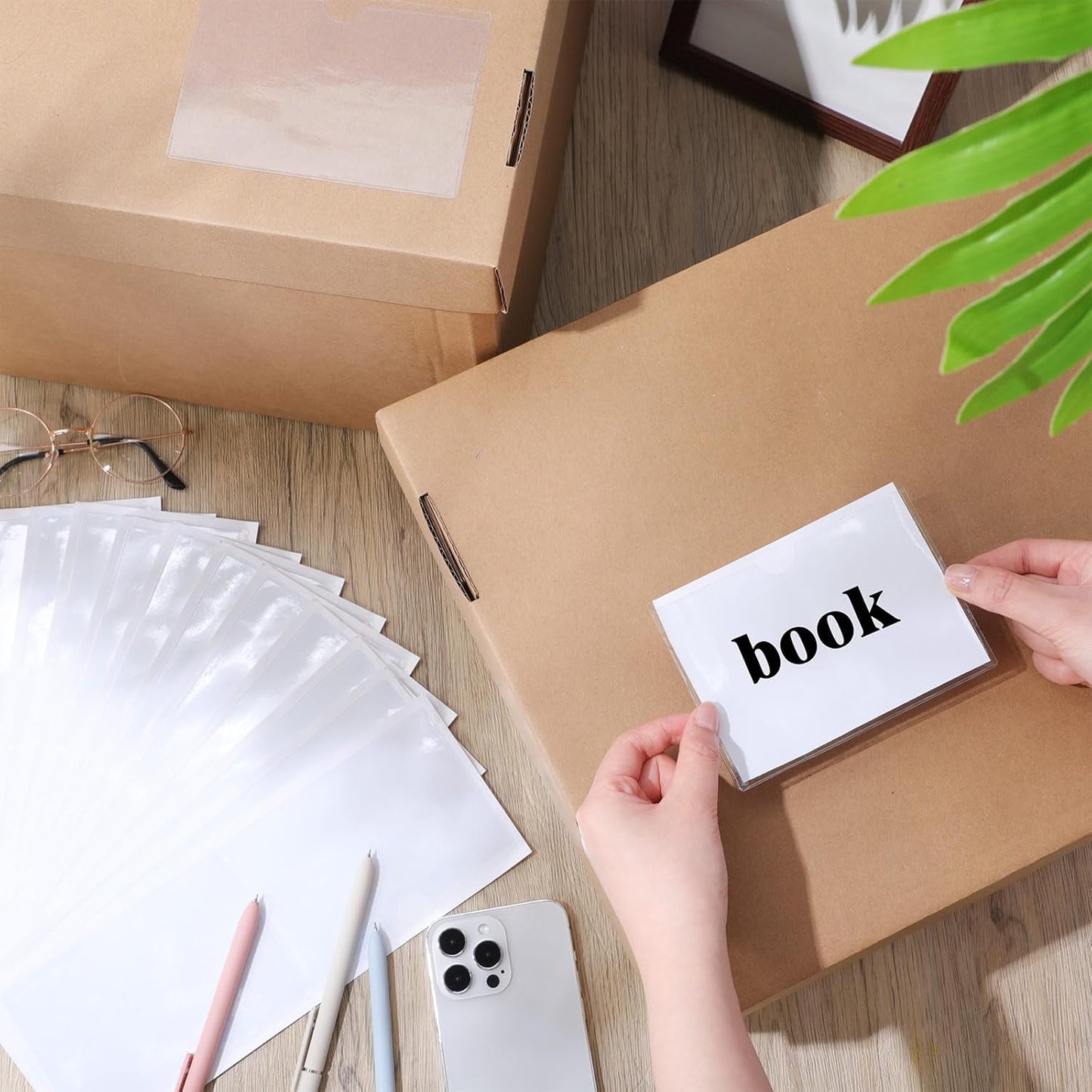 Outus 100 Pcs Clear Self Adhesive Pockets - Bin Labels for Storage Bins, Pocket Label Sleeves, Plastic Index Card Holder with Top Open for Organizing Bins Box Drawer(2 x 3.75, 3 x 5 Inch)