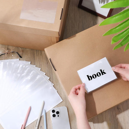 Outus 100 Pcs Clear Self Adhesive Pockets - Bin Labels for Storage Bins, Pocket Label Sleeves, Plastic Index Card Holder with Top Open for Organizing Bins Box Drawer(2 x 3.75, 3 x 5 Inch)