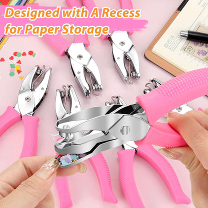 6-Pack Craft Hole Punchers Set - 1/4 Inch Hole Punch for Paper, Binder & Scrapbooking | Circle, Heart, Star, Triangle Shapes | Soft-Grip Handles, Auto Paper Chip Collector, Lightweight