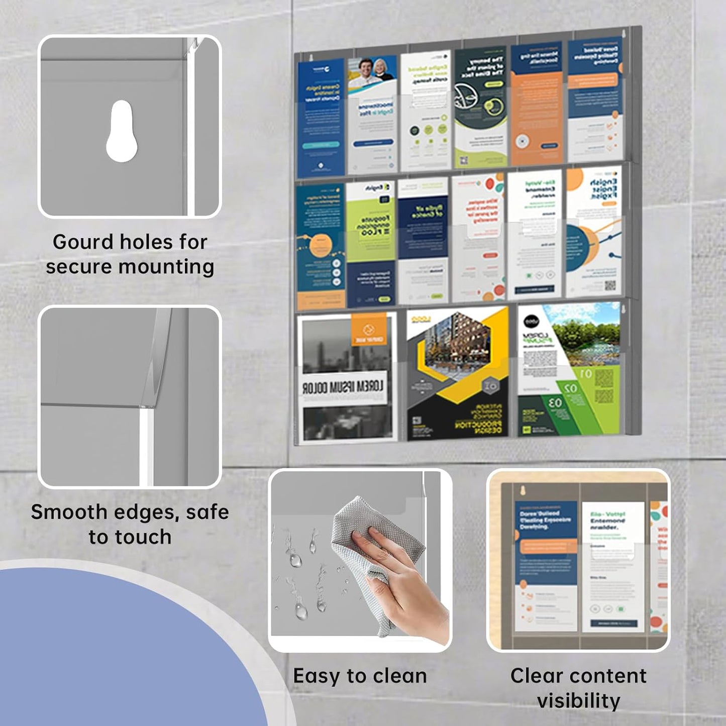 Acrylic Brochure Pamphlet Holder, 3 Magazine Holders and 12 Pamphlet Holders, Wall Mount Display Rack, Trifold Flyer Holder, Literature Organizer for Home, Office, Dual-Tone Clear Front & Black Back