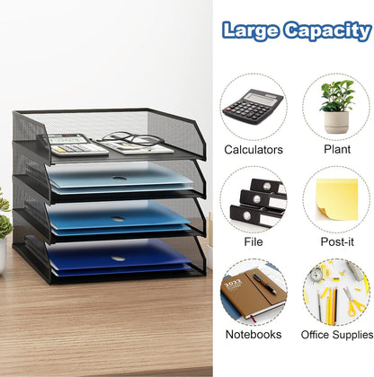 Natwind 4-Tier Stackable Paper Tray, Metal Mesh Desktop Organizer, A4 Desk Organizer, Stackable Letter Trays,File Folder Sorter Organizer with Sliding Tray for Home, Office, School (Black)
