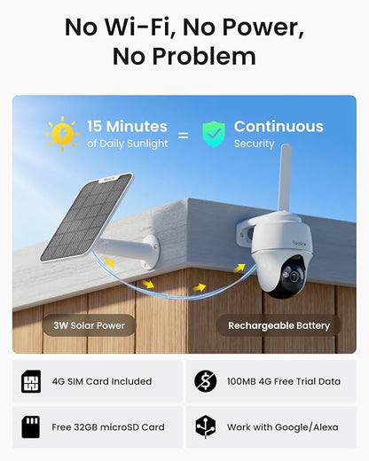 REOLINK 5MP 4G LTE Cellular Security Camera Outdoor, 360° Pan-Tilt, Sim+32GB SD Card Included, Wireless Solar Powered, Color Night Vision, Smart AI Detection, Go PT Plus+Solar Panel, Updated Version