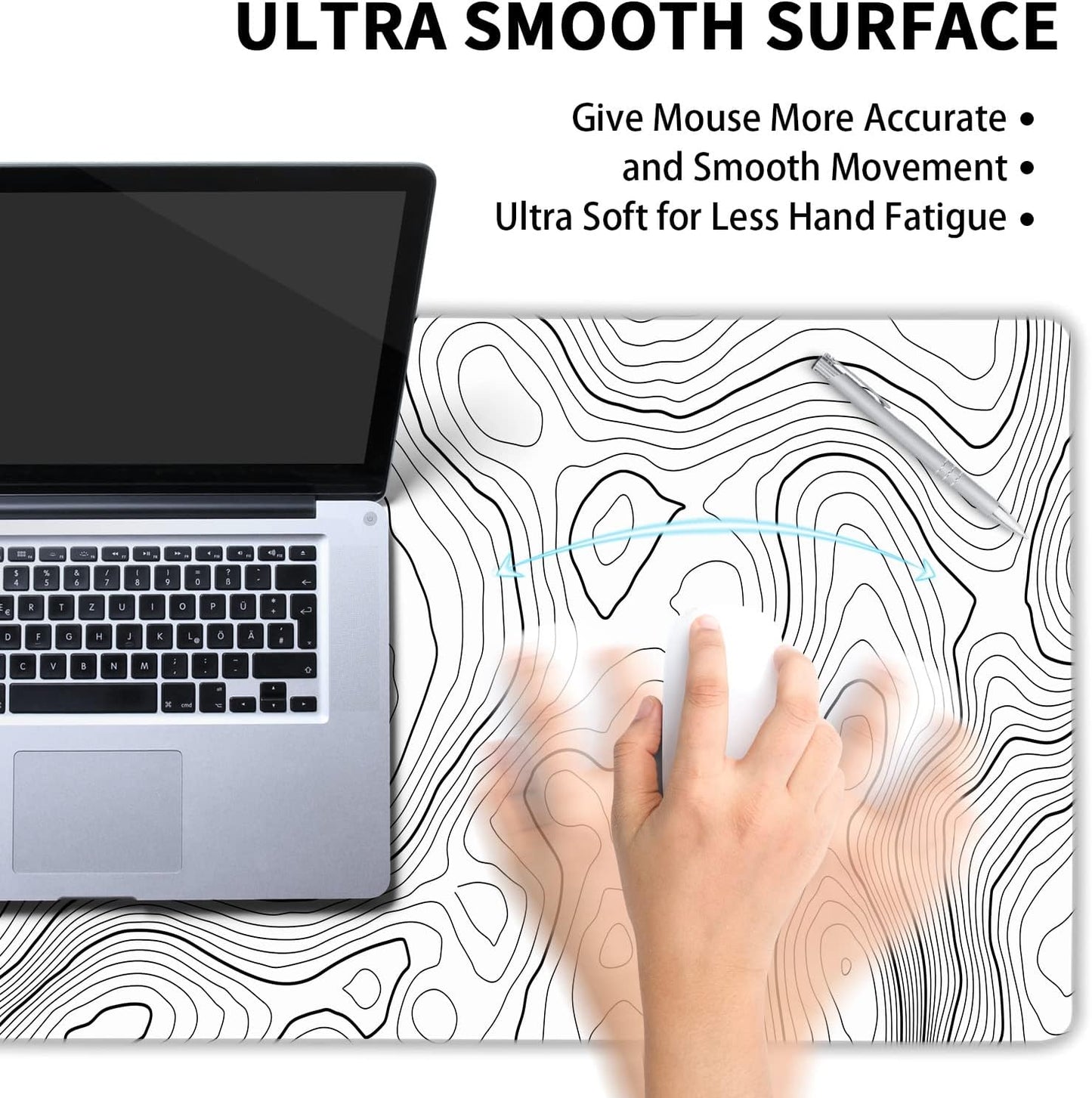 Topographic Contour White Gaming Mouse Pad XL Topo Geographic Map Lines Extended Large Mouse Pad Big Desk Mat Non-Slip Rubber Base Stitched Edge Long Keyboard Playmat for Desk Computer,31.5×11.8 in