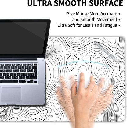 Topographic Contour White Gaming Mouse Pad XL Topo Geographic Map Lines Extended Large Mouse Pad Big Desk Mat Non-Slip Rubber Base Stitched Edge Long Keyboard Playmat for Desk Computer,31.5×11.8 in