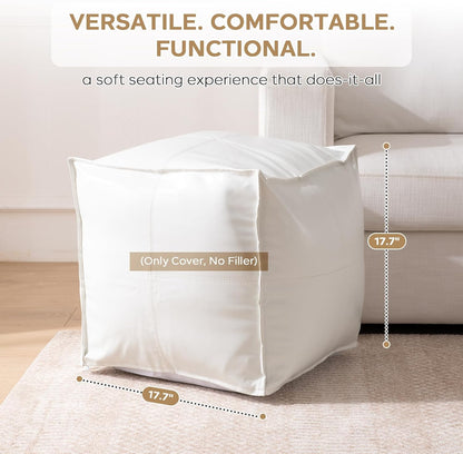Unstuffed Pouf Ottoman Cover, 17.7x17.7 inch Faux Leather Moroccan Poofy Ottomans Cover, footrest Square White Footstool with Storage Waterproof Easy Cleaning for Living Room (Only Cover No Filler)