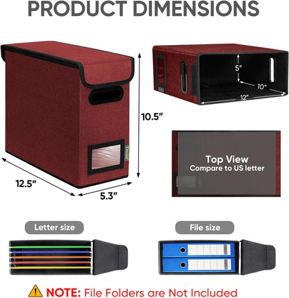 BALEINE File Organizer Box with Lid, Collapsible File Folder Organizer with Plastic Slide, Hanging File Folder Box for Office Document Storage (2 Pack, Red, S)