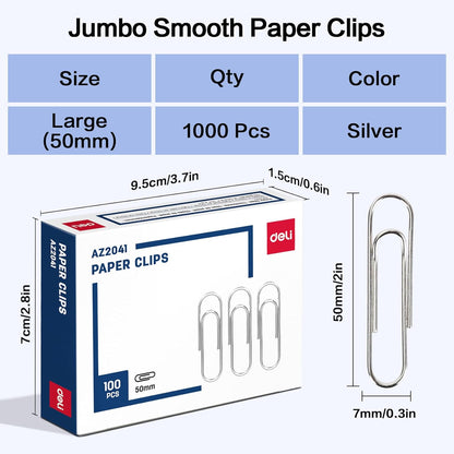 Deli Jumbo Paper Clips Smooth, 1000 Large Paper Clips, 10 Boxes of 100 Each, Silver