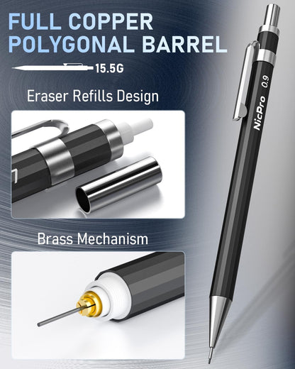 Nicpro 34PCS Black Art Mechanical Pencils Set, Metal Drafting Pencil 0.3, 0.5, 0.7, 0.9 mm & 2PCS 2mm Lead Holder (6B 4B 2B HB 2H 4H Colors) For Sketching Drawing With 19 Tube Lead Refills Case