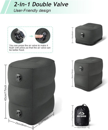 JefDiee Inflatable Travel Foot Rest Pillow, Kids Airplane Bed, Adjustable 3 Layers Height Leg Rest Pillow, Adults Travel Essentials Great for Airplane, Office, Home, Trains, Cars (2 Pack-Dark Grey)