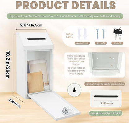 Metal Donation Money Cash Drop Box with Lock and Slot Suggestion Box Wall Mounted Ballot Container Mailbox Delivery for Home Office (White, 10.24″ x 5.71″ x 2.95″)