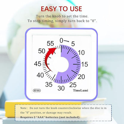 60-Minute Visual Timer for Kids, Time Management Tool Study Classroom Timer, Home Edition Silent Countdown Timer for Toddler, Teachers and Adults (Purple)