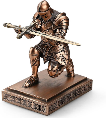 Medieval Armored Warrior Knight Pen Holder Desk Organizers and Accessories Resin Pencil Holder Paperweight as Gift with a Cool Letter Opener for Desk (Copper)