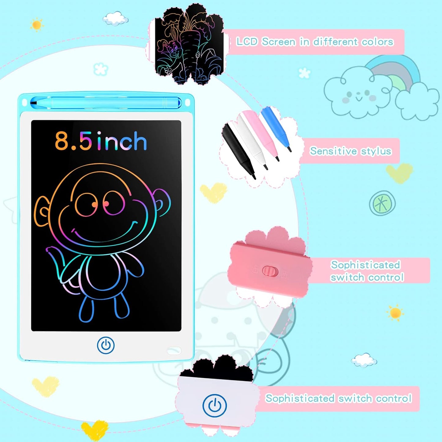 Zonon 4 Pcs LCD Writing Tablet 8.5 Inch Doodle Board Tablet Drawing Gifts LCD Writing Board Electronic Erasable Reusable Colorful Screen Pad(Light Blue, Light Red, White, Black)