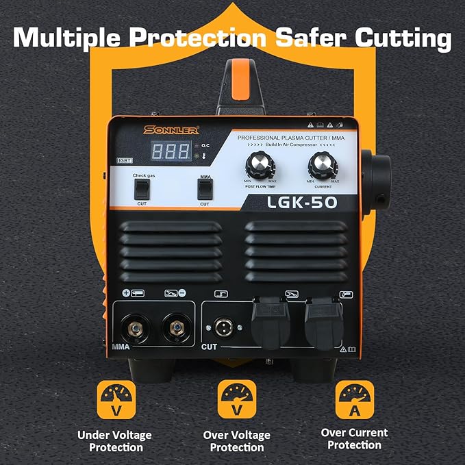 2 in 1 50A Plasma Cutter/MMA, 220V Digital Inverter IGBT Plasma Cutter Machine With Built-in Air Compressor, 1/3 Inch Clean Cut With Gas Delay.