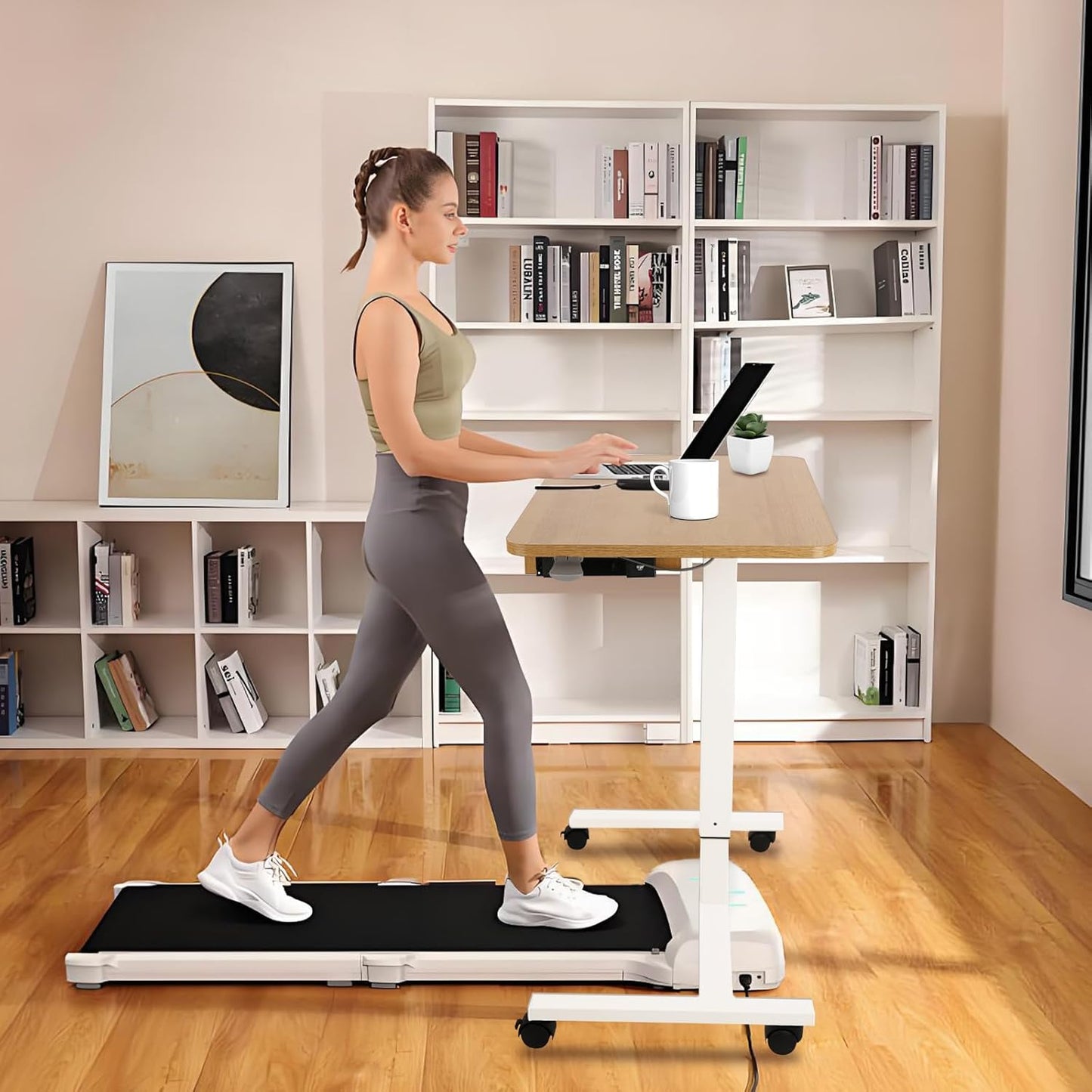 CLATINA Mobile Laptop Standing Desk, Height Adjustable Teacher Podium with Lockable Wheels, Adjustable Work Table with Drawer, Computer Cart Overbed Table for Home Office Classroom, Beige