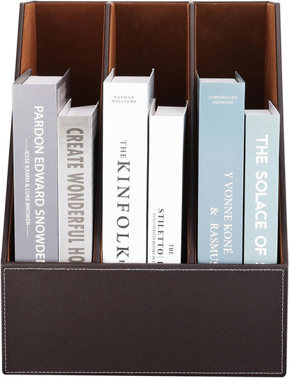 KINGFOM Desktop Wooden Leatherette Magazine File Holder-Organizer-3 Compartment Stand Rack-Papers Storage Box (brown)