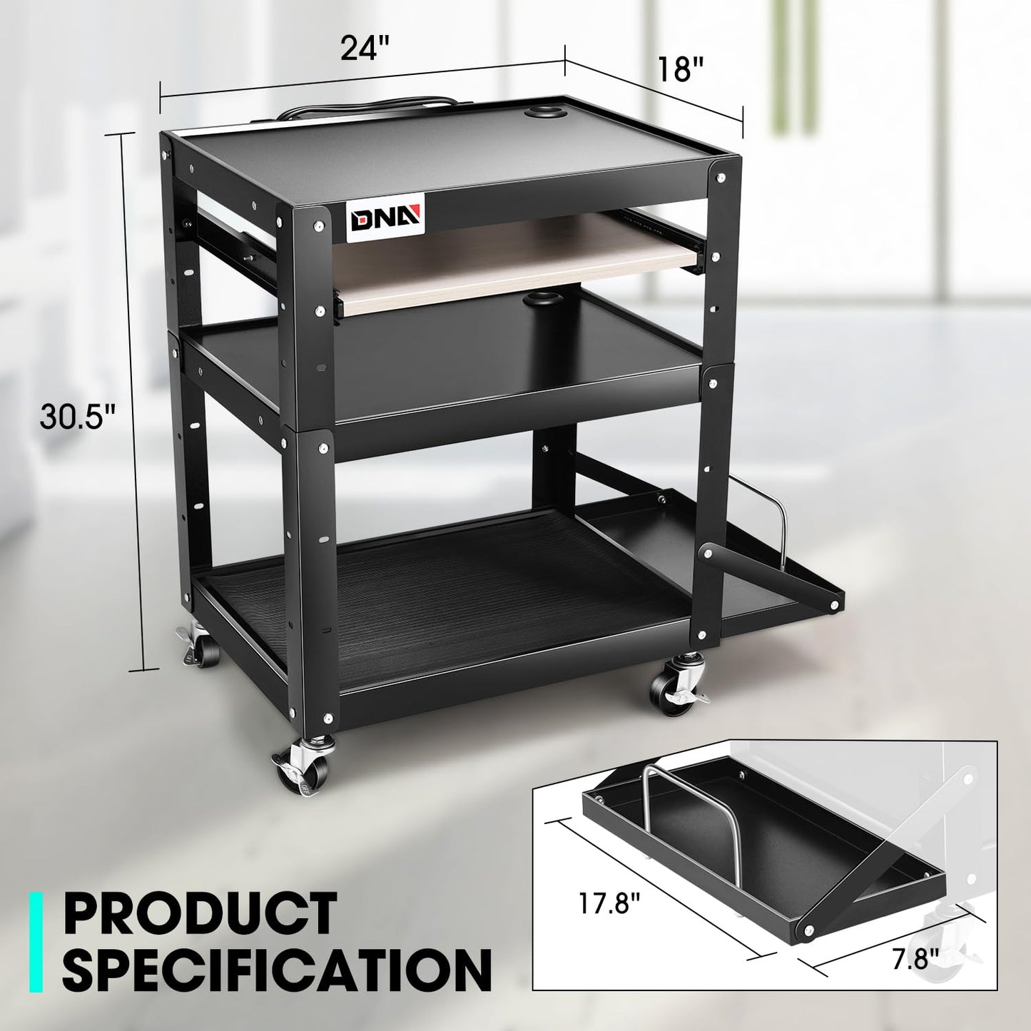 DNA MOTORING Steel AV Cart 3-Layer Rolling Projector Utility Cart, 24" X 18" X 20" - 30.5" Height Adjustable, with Wheels, Pullout Keyboard Tray, Power Strip, Cord Management, TOOLS-00495