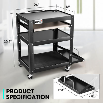 DNA MOTORING Steel AV Cart 3-Layer Rolling Projector Utility Cart, 24" X 18" X 20" - 30.5" Height Adjustable, with Wheels, Pullout Keyboard Tray, Power Strip, Cord Management, TOOLS-00495