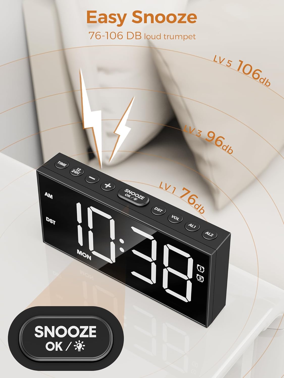 PPLEE Alarm Clock for Bedroom,Upgrade Digital Clock Large Bold Number,5 Level Brightness Volume,2 Alarms,Weekend Weekday Mode,Type C/USB Charger Port,Loud Table Clock with Power Off Memory for Any Age