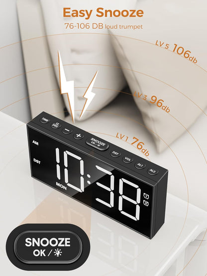 PPLEE Alarm Clock for Bedroom,Upgrade Digital Clock Large Bold Number,5 Level Brightness Volume,2 Alarms,Weekend Weekday Mode,Type C/USB Charger Port,Loud Table Clock with Power Off Memory for Any Age