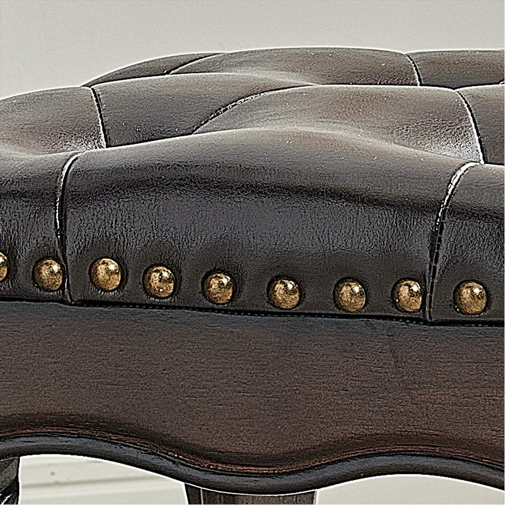 LEILISI Small Footstool Brown Leather Ottoman,Vintage Carved Upholstered Footrest, Rubber Wooden Foot Rest Stool Sofa Stool (Black-Brown)