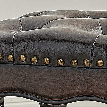 LEILISI Small Footstool Brown Leather Ottoman,Vintage Carved Upholstered Footrest, Rubber Wooden Foot Rest Stool Sofa Stool (Black-Brown)
