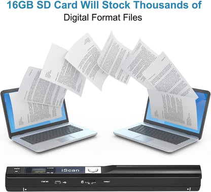 Portable Scanner, Photo Scanner for A4 Documents, Scanners for Computers, Document Scanner in 900 Dpi with 16G SD, Uploads Images to Computer Via USB Cable, Needn't Driver, JPG/PDF