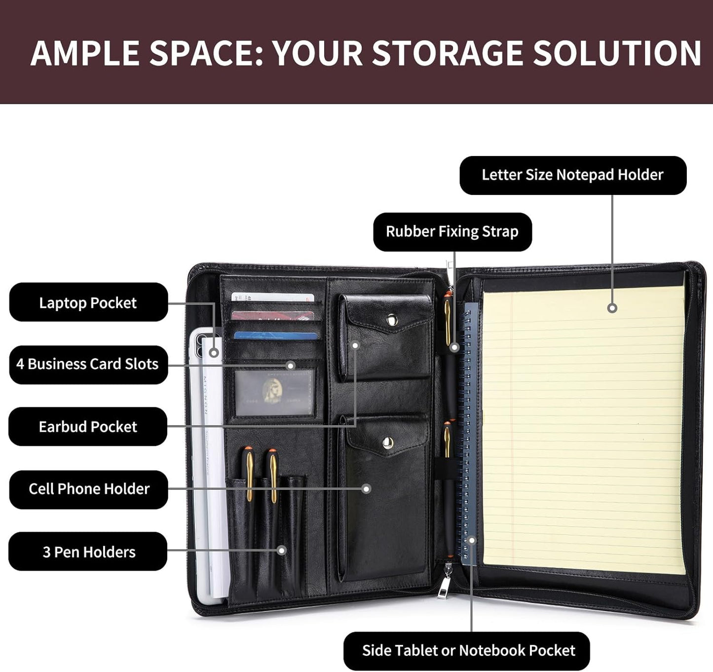 Vegan Leather Portfolio with Hidden Handle, Zippered Front Pocket, Business Padfolio for Men and Women, 8.5 x 11 Legal Pad Notebook Holder, Office Letter Notepad Folio, Black