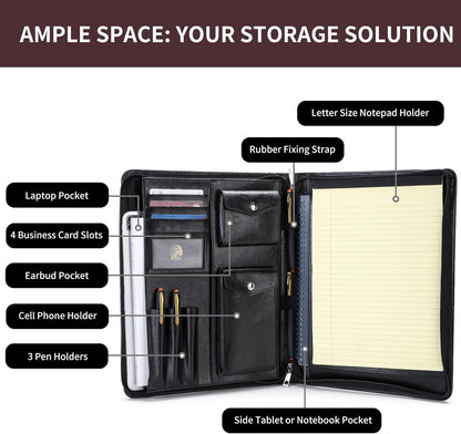 Vegan Leather Portfolio with Hidden Handle, Zippered Front Pocket, Business Padfolio for Men and Women, 8.5 x 11 Legal Pad Notebook Holder, Office Letter Notepad Folio, Black