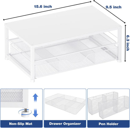 Desk Organizers and Accessories, 2-Tier Computer Monitor Stand Riser with Drawer and 2 Pen Holders, Laptop Stand, Office Desk Accessories for Office Supplies, White