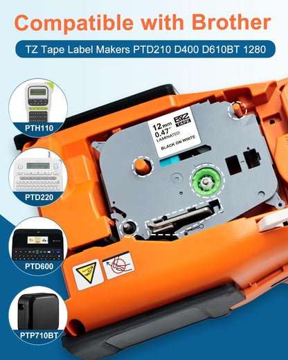 3PK 12mm 0.47 Laminated White Tape TZE-231 Replacement for Brother P Touch Label Tape TZe-231 12 mm .47 Label Maker Refills Work for Brother Ptouch PTH110 PTH103w PTD210 PTD220 PT1280