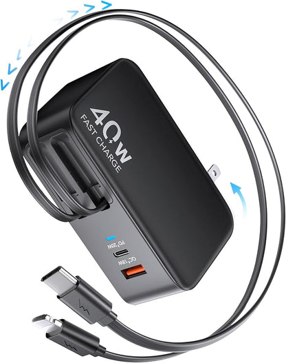 4-in-1 Retractable Gan Wall Charger Plug for iPhone 17 USB C,Travel Essentials Brick Multiport,3ft Lightening+ Type C Cables,40W Fast Charging Foldable Block for iPhone 17 Pro/16/15/14/13,iPad,Galaxy