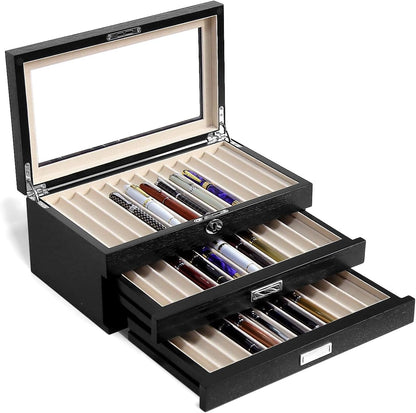 Pen Display Case with 36 Pen Slots, Fountain Pen Case, Wood Pen Storage Organizer, Pen Box Display for Men Gift, Pen Collector with Glass Window(Black ash Veneer Finish, Creamy-White Velvet)