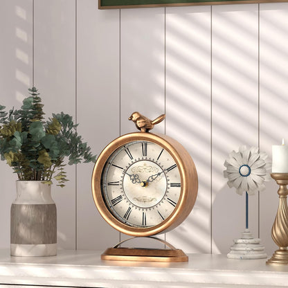 Vintage Table Clock with Bird, European Antique Style Gold Mantel Clocks, Desk and Shelf Decor Clock, for Farmhouse, Bedside, Living Room, Bedroom, Gift (9" H x 6.5" W)