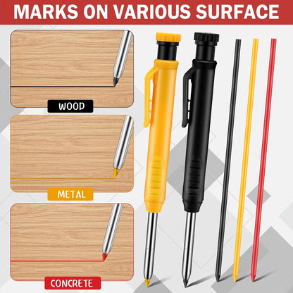 8 pack 2.8mm Mechanical Carpenter Pencils with 48 Refills, Construction Pencils with Built-in Sharpener, Long Nib Deep Hole Marker, Heavy Duty Woodworking Tools (Black+yellow)