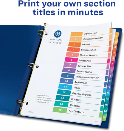 Avery 15 Tab Dividers for 3 Ring Binders, Customizable Table of Contents, Multicolor Tabs, 6 Sets (11197)