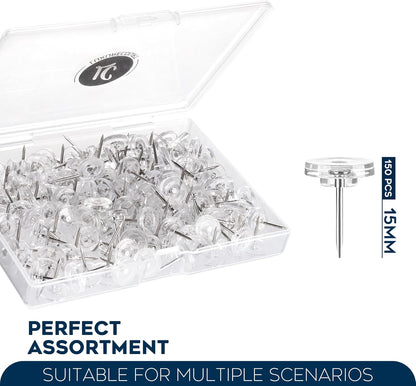 150 Pack Clear Push Pins Tacks by Luxurecourt, Flat Head Thumbtacks for Bulletin Board, Wall Hanging, Cork Board, Shadow Box, Heavy Duty Plastic Head with Steel Point in Reusable Storage Box.