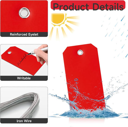 1000 Pieces Plastic Shipping Tags with Wire Labeling Tags Waterproof Hang Tags with Reinforcement Hole Writable Luggage tag Loops for Equipment Inventory Parts Garage (Red, 4 3/4" x 2 3/8")