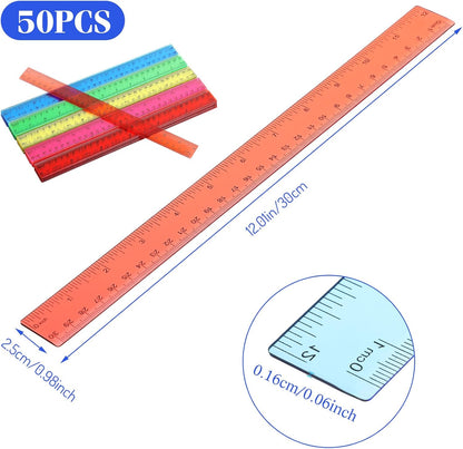 Zonon 50 Pcs 6 Inch/12 Inch Plastic Rulers Bulk Flexible Straight Rulers with Inches Centimeters First Day of School Gift Students Back to School Office Home Supplies(Clear Colorful,12 Inch)