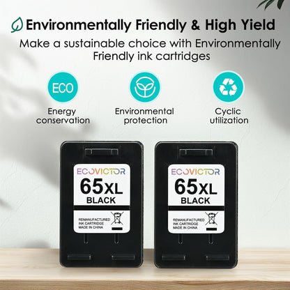 EcoVictor Remanufactured 65XL Ink Cartridges Replacement for HP 65 XL Black Ink Cartridge HP65 HP65XL Compatible Envy 5000 5055 5052 5010 5070 DeskJet 3755 3700 3772 3720 3752 2600 2622 2652 (2 Black)
