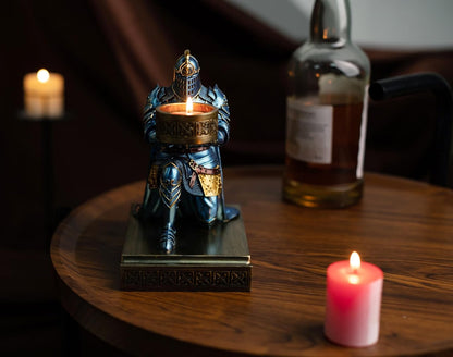 King's Guard Kneeling Knight Candlestick Holders Resin Posture TeaLight Holder Warrior Mobile Phone Stand Pen Holder Candle Holder for Restaurant, Altar, Home Table(Blue)