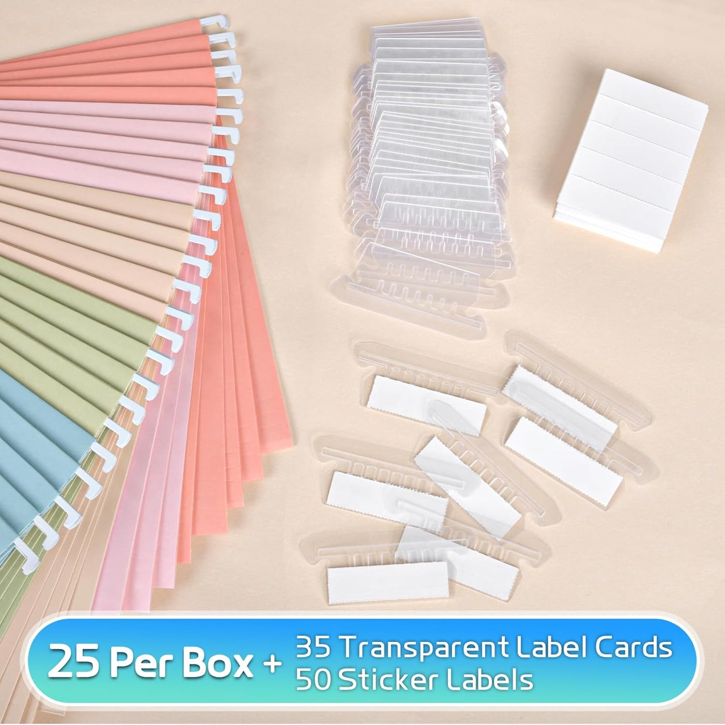 25-Pack Pastel Hanging File Folders, Letter Size (8.5"x11") with 1/5-Cut Tabs,25 Transparent Label Cards, 25 Sticker Labels–Home Office & Filing Cabinets