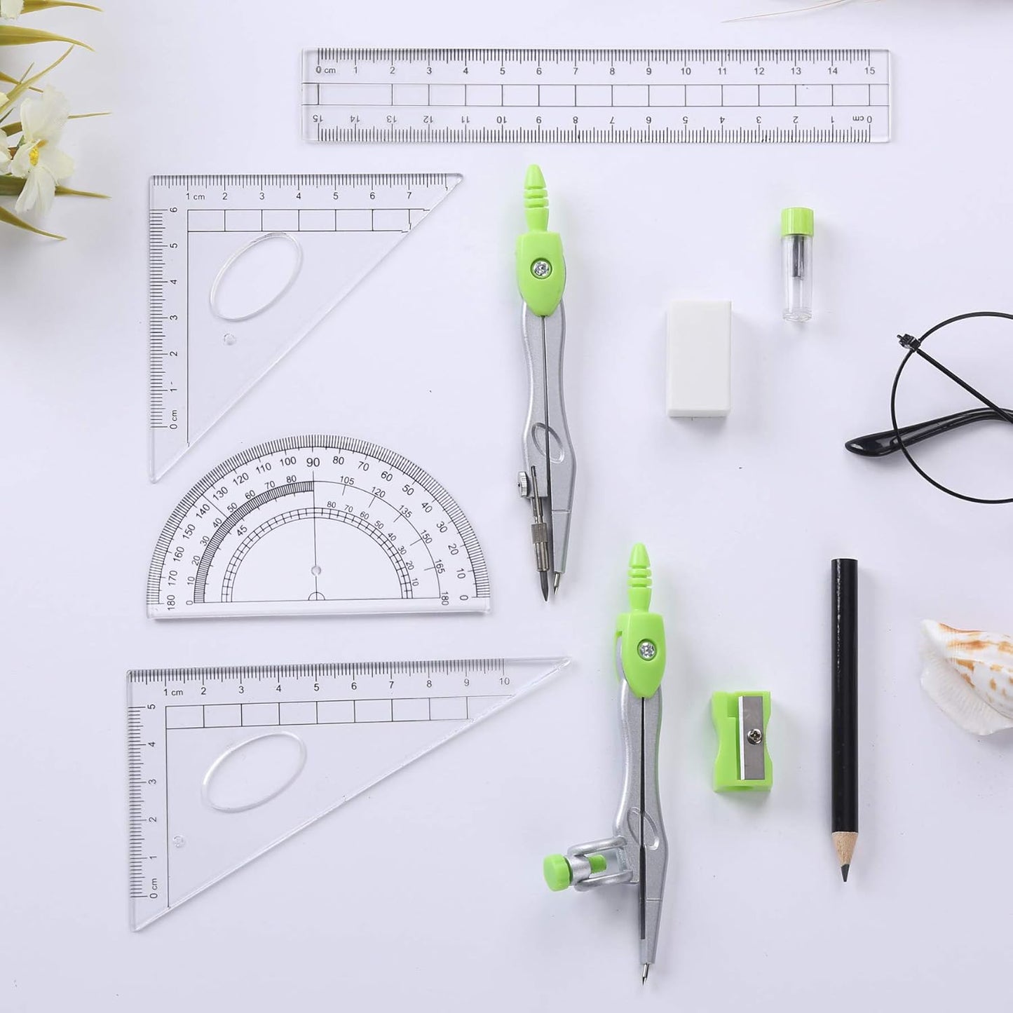 Math Geometry Kit Sets 10 Piece Student Supplies with Shatterproof Storage Box,Includes Rulers,Protractor,Compass,Eraser,Pencil Sharpener,Lead Refills,Pencil,for Drafting（Green）