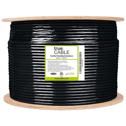trueCABLE Cat5e Outdoor, Shielded F/UTP, 1000ft, UV Resistant, CMX Rated, Black, 24AWG Solid Bare Copper, 350MHz, PoE++ (4PPoE), ETL Listed, Bulk Ethernet Cable