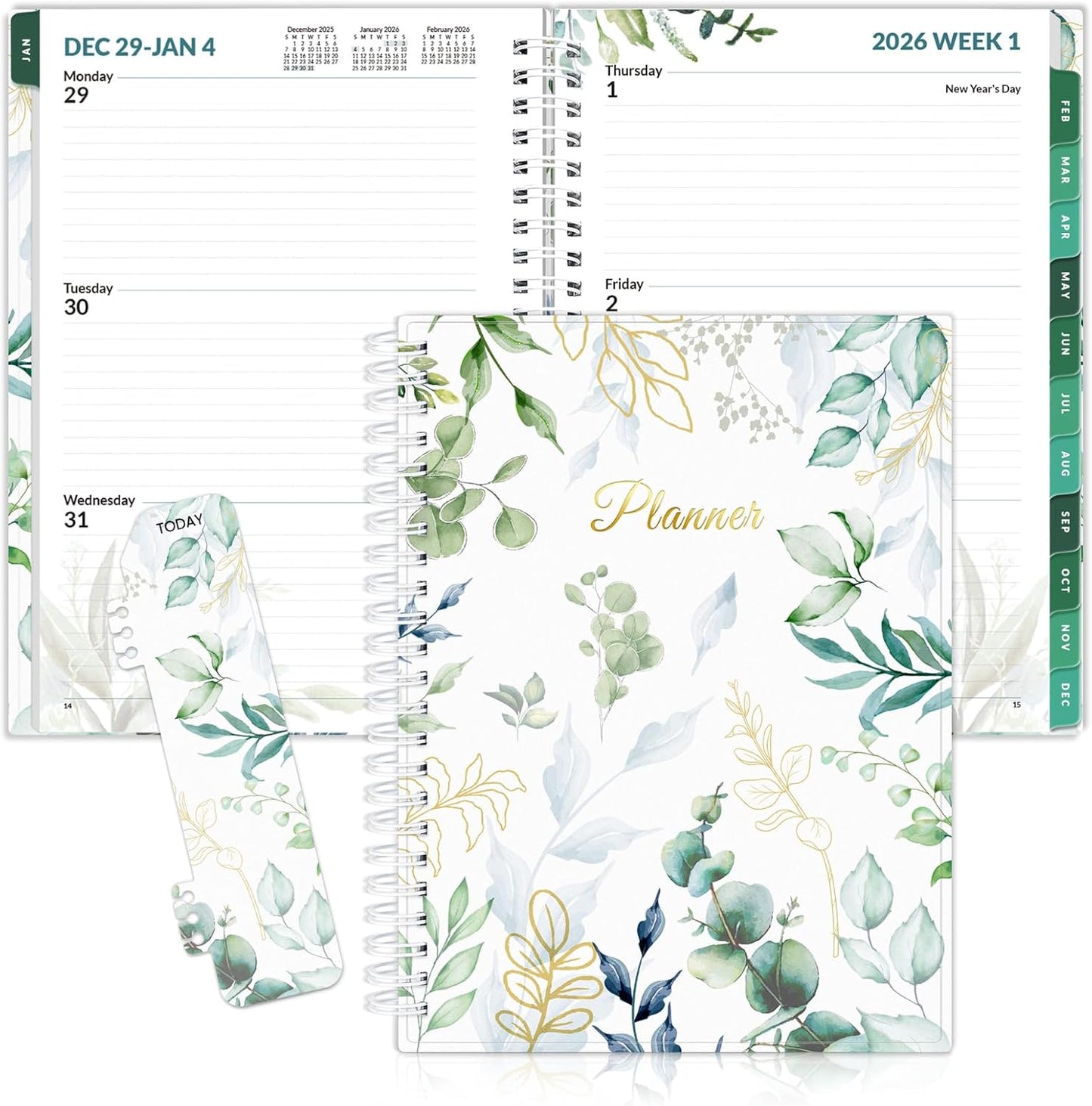 SUNEE 2026 Weekly and Monthly Planner - from January 2026 - December 2026, 6.4" x 8.3" Daily Agenda Planner with Monthly Tab, Flexible Cover, Note Pages, Pockets, Bookmark, Spiral Binding, Greenery