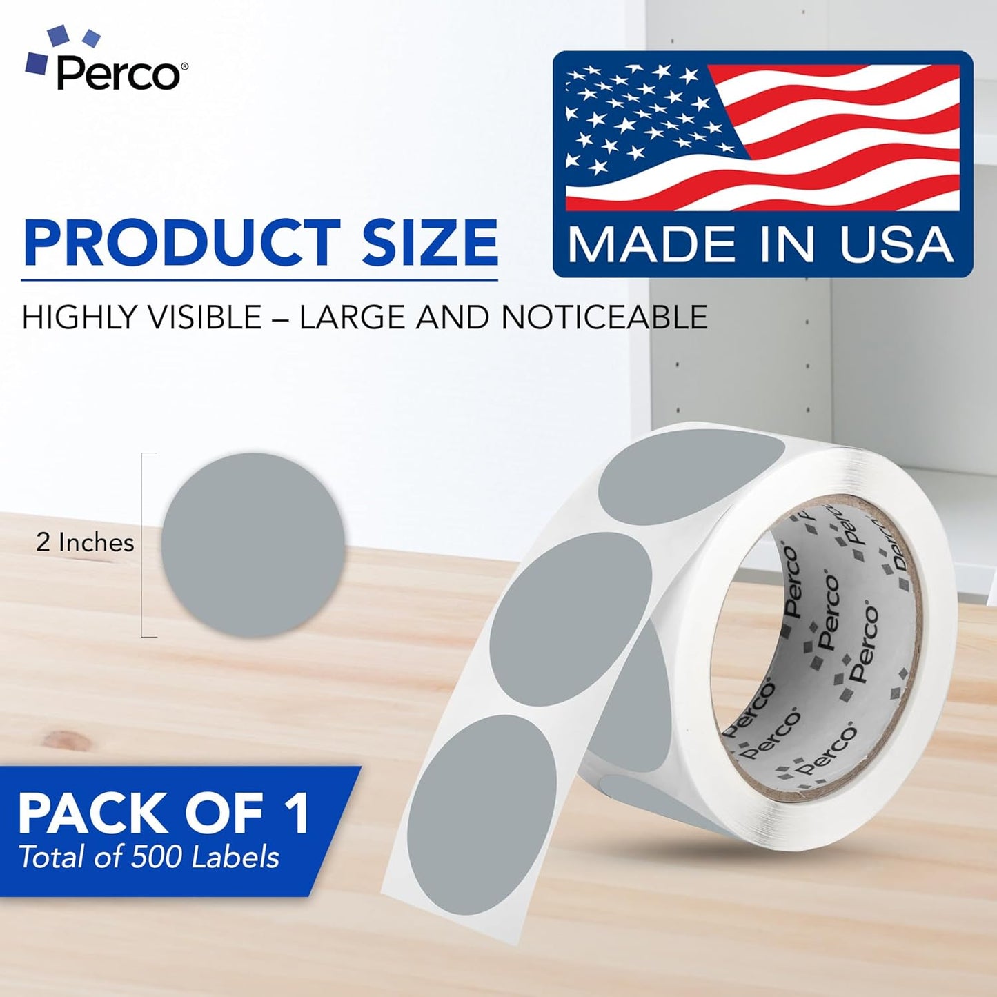 Perco Grey 2-Inch Round Circle Dot Sticker Labels with Easy Peel Perforation - 500 Labels per Roll - Strong Adhesion, Vibrant Colors for Organizing, Crafting & More - Made in USA