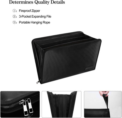 Expanding File Folder Important Document Organizer Fireproof & Waterproof Document Bag with A4 Size 3 Pockets Zipper Closure Non-Itchy Silicone Coated Portable Filing Wallet Pouch(14.3inx9.8inx1.6in)