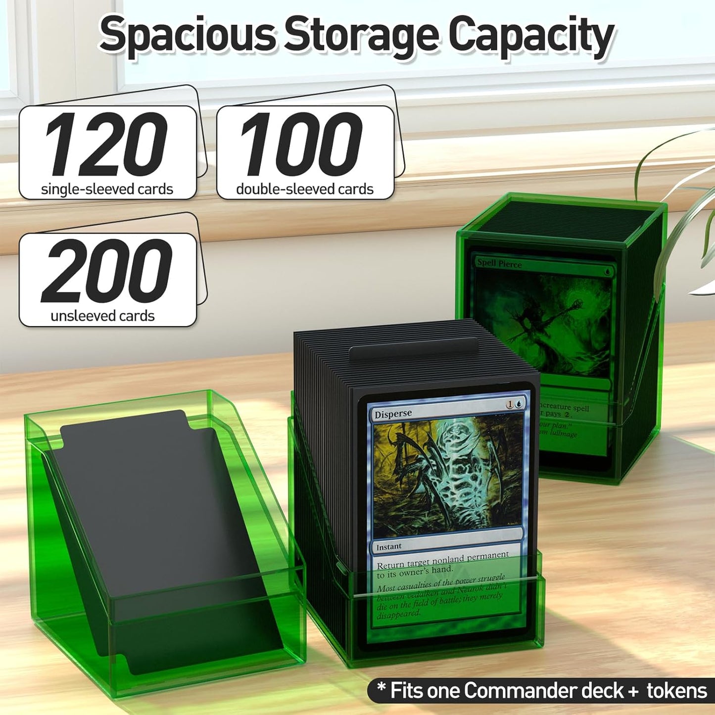 Mlikero Card Deck Cases, Acrylic Commander Deck Box Holding 100+ Sleeved Cards with Dividers, Clear Card Storage Box Fit for MTG, TCG, Sports Cards (Green)