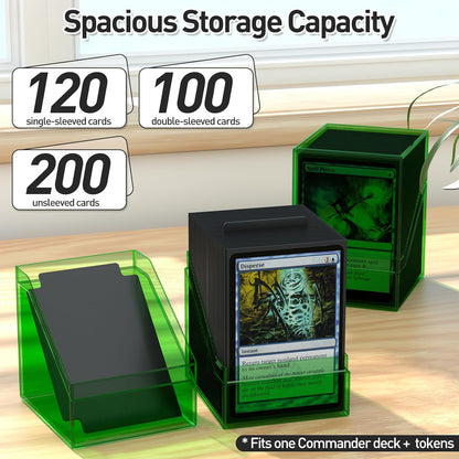 Mlikero Card Deck Cases, Acrylic Commander Deck Box Holding 100+ Sleeved Cards with Dividers, Clear Card Storage Box Fit for MTG, TCG, Sports Cards (Green)