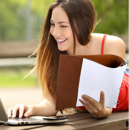 Leather 3 Ring Binder Holds 8.5 x 11 Inch Paper Binder Organizer Vintage Faux Leather Portfolio Folder Planner for Office Home Document Photo Diary Supplies(Antique Brown)